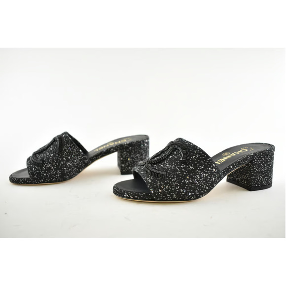 Chanel 19P Black White Fabric CC Logo Backless Slide Mule Sandal Block Heel 35 - Picture 9 of 12